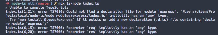 Screenshot of npx ts-node index.ts output with error