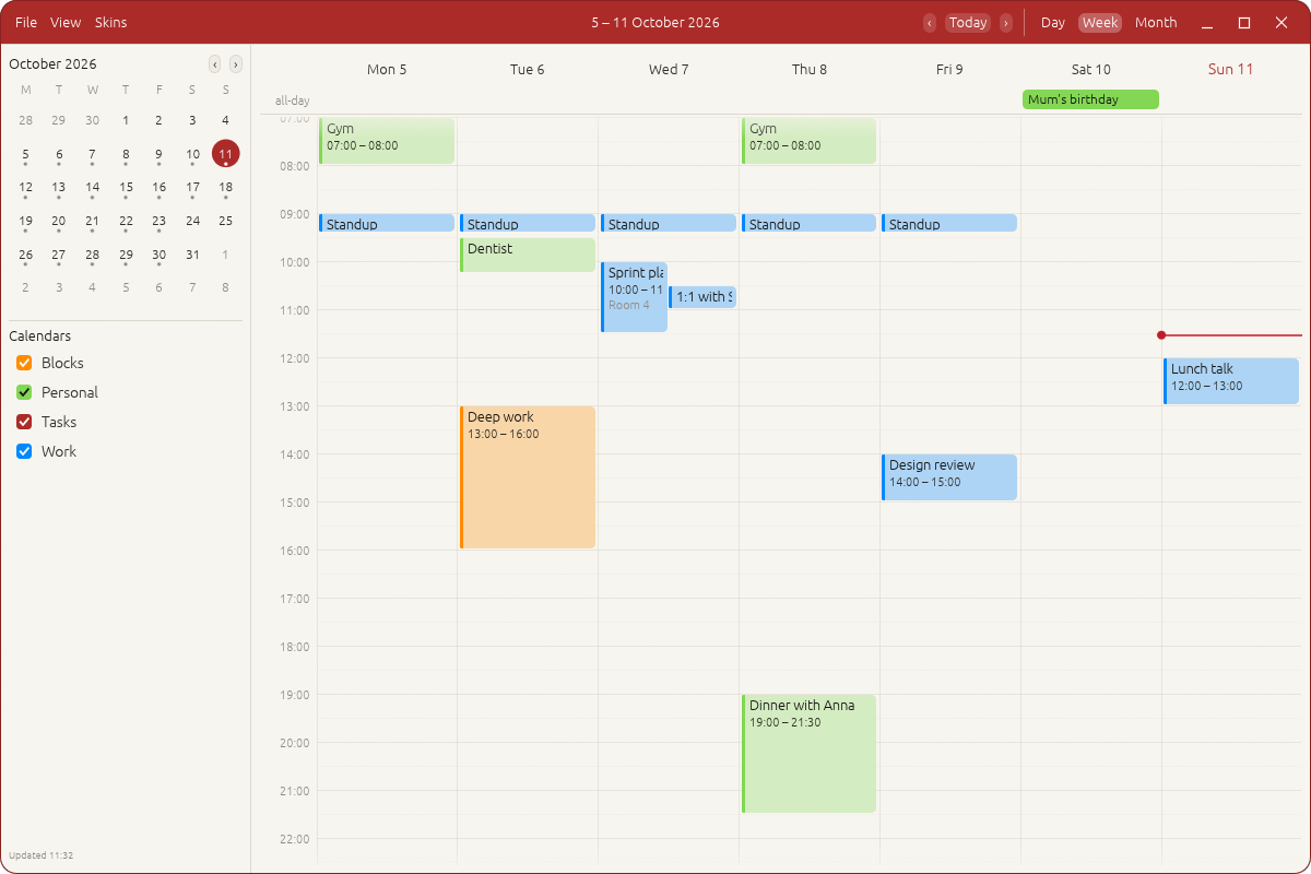 Calendar's week view, in its red skin