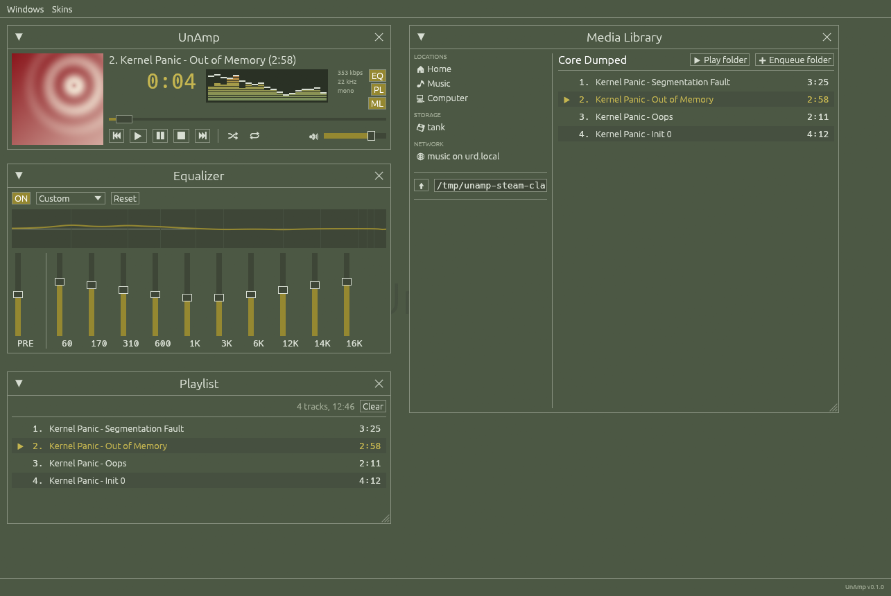 UnAmp as it was after nine prompts: player, equaliser, playlist and media library in the olive-green Steam Classic skin